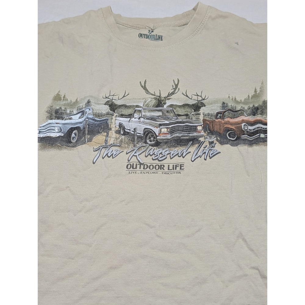 Outdoor Life Mens The Rugged Life Graphic T-Shirt Tan Trucks Elk Size Small
